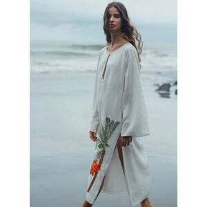 Juan de Dios Lisa Linen Midi Dress Embroidered Palm White Medium Caftan Cover-Up
